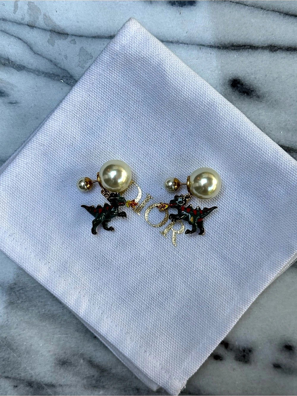 Christian Dior Pearl & Green Dragon Tribales Earrings & Gold Posts